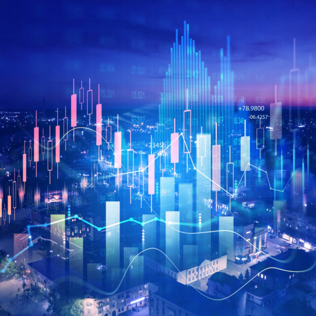 A cityscape at night is overlaid with various financial charts and graphs, including bar graphs and line charts, representing data analysis and market trends.