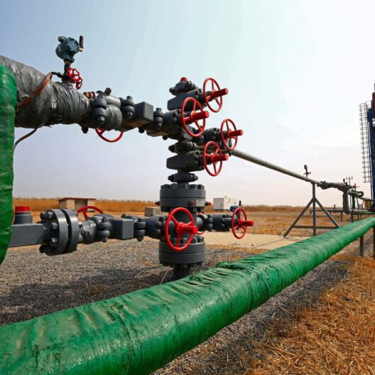 A natural gas pipeline system with multiple valves and a rig in the background stands in an open, dry landscape.