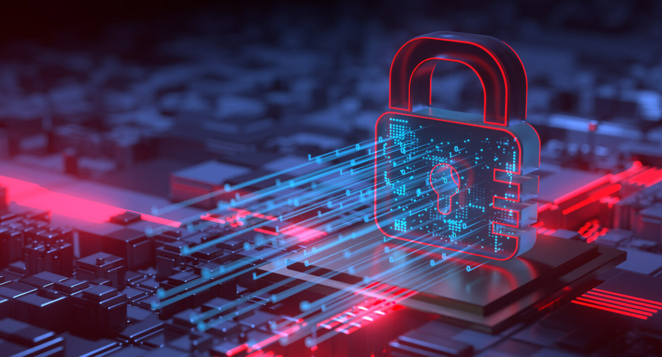 A digital padlock symbol, representing cybersecurity, is surrounded by a futuristic circuit board with red and blue neon lighting effects.