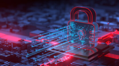 A digital padlock symbol, representing cybersecurity, is surrounded by a futuristic circuit board with red and blue neon lighting effects.