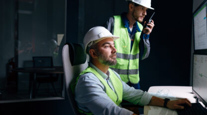 Two construction workers wearing safety vests and hard hats use computers; one is seated operating multiple screens, and the other stands behind using a walkie-talkie.
