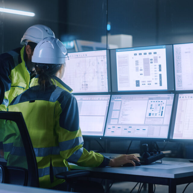 Two workers in safety gear monitor data and charts on multiple computer screens in a control room setting.