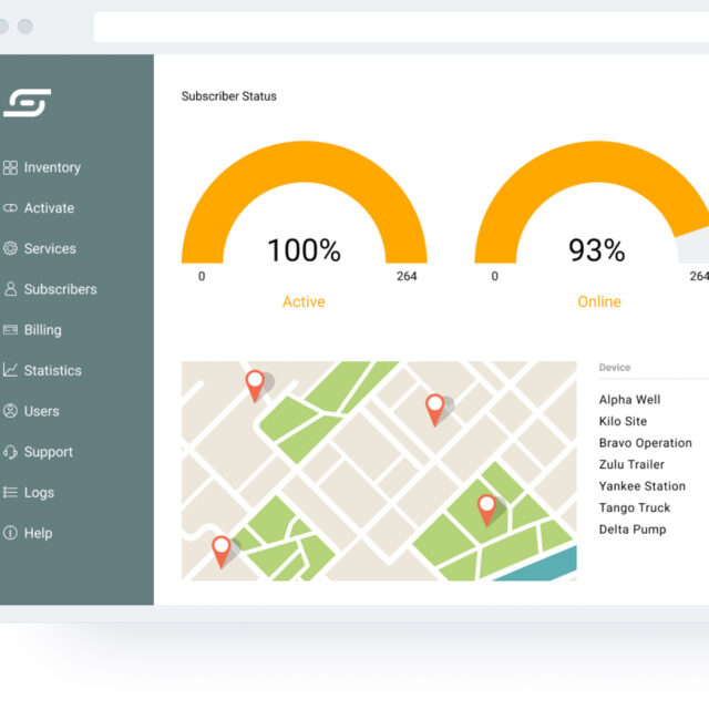 Dashboard interface showing subscriber status with two semi-circle progress graphs (100% Active, 93% Online), a map with location pins, and a device list on the right. Sidebar navigation menu on the left.