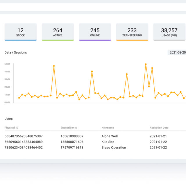 A dashboard displays stock (12), active (264), and online (245) users, data transferring (233), and storage (38,257 MB). A graph shows data usage from 2021-01-20 to 2021-03-20 with fluctuating values.