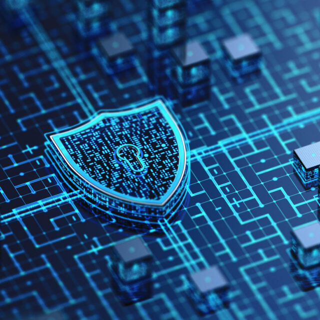 A digital illustration depicts a shield with a padlock icon over a blue, circuit-like grid, symbolizing cybersecurity.