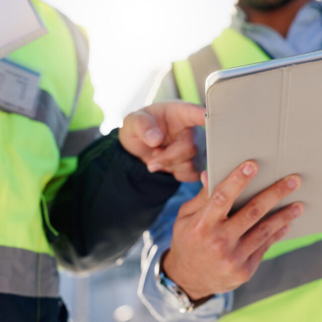 Engineers holding a tablet and talking