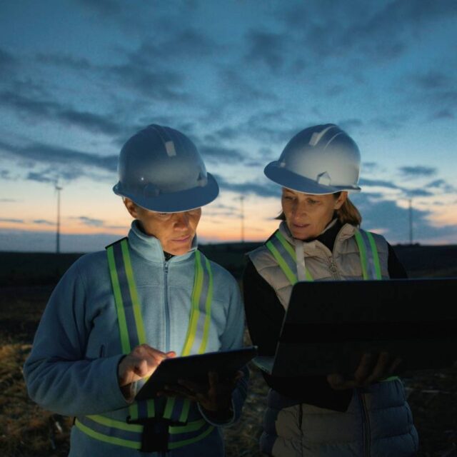 Two workers looking at a tablet at night