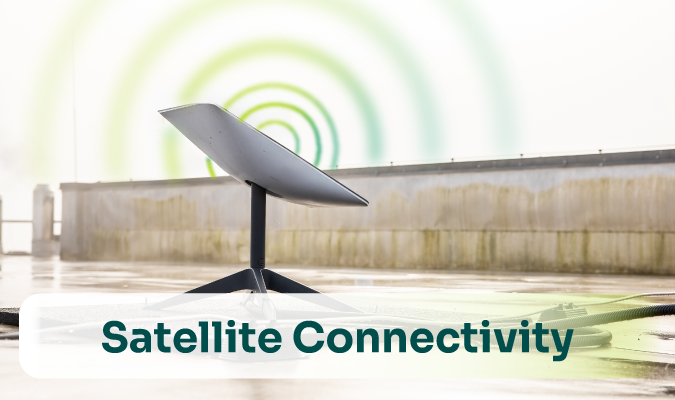 A sleek satellite dish on a rooftop with green radial waves emanating from it, symbolizing connectivity. The text "Satellite Connectivity" overlays the image.