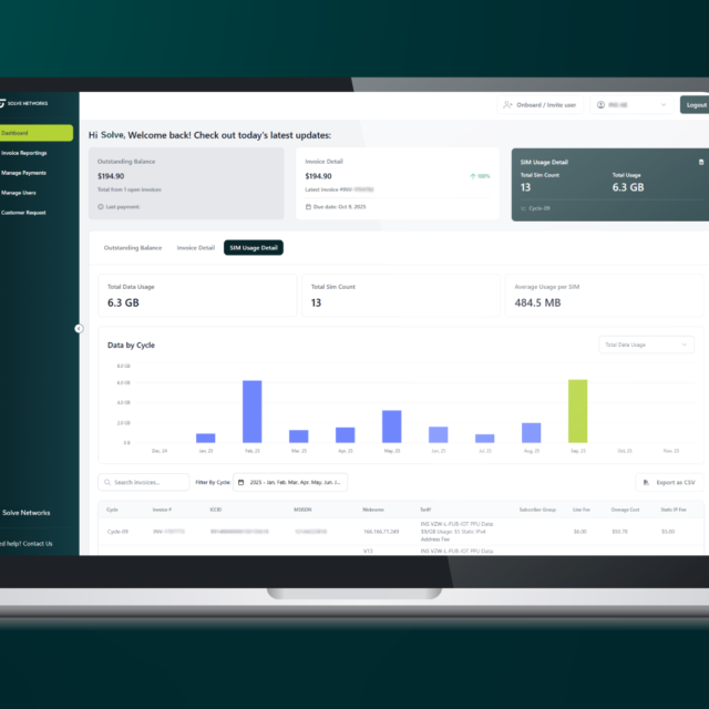 Laptop displaying the Solve Networks dashboard with data usage analytics, SIM management tools, and billing overview.