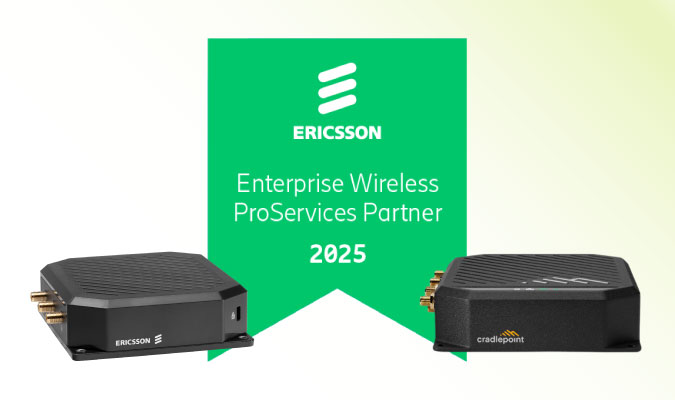 Enterprise Wireless ProServices Partner badge for 2025 is centered between 2 Ericsson Cradlepoint Routers