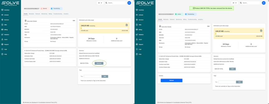 Dashboard interface from Solve Networks displaying subscriber details, SIM services, and data usage with 246.81 MB remaining. The screen shows a successful bar removal message, along with visible edit and remove bar options.