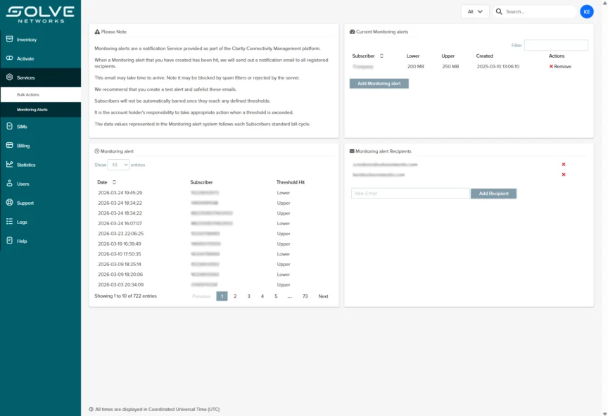 Dashboard interface for "Solve Networks" showing monitoring alerts. Features include alert details, thresholds, recipient list, and navigation panel.