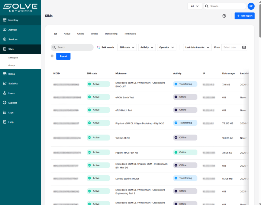 A software dashboard displaying SIM management. The interface shows a list of SIMs with columns for ICCID, state, nickname, activity, IP, and data usage. Active and transferring statuses are highlighted in blue and green.