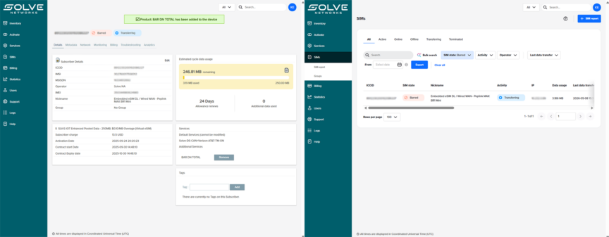 Dashboard interface of Solve Networks displaying SIM card management details, including SIM identification number, data usage metrics, services, and transferring activity, with the SIM status labeled as “Barred.”