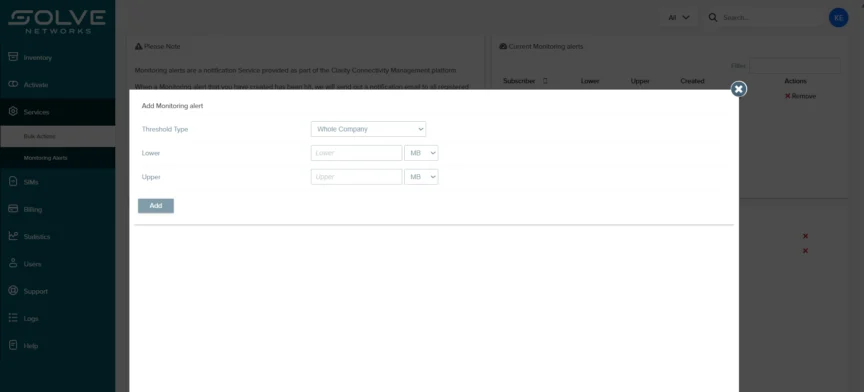 Screenshot of a software interface showing 'Add Monitoring Alert' window. Fields include threshold type, lower and upper limits in MB, and an 'Add' button. Sidebar displays menu options like Inventory, Services, and Support. The interface is designed for managing network alerts.