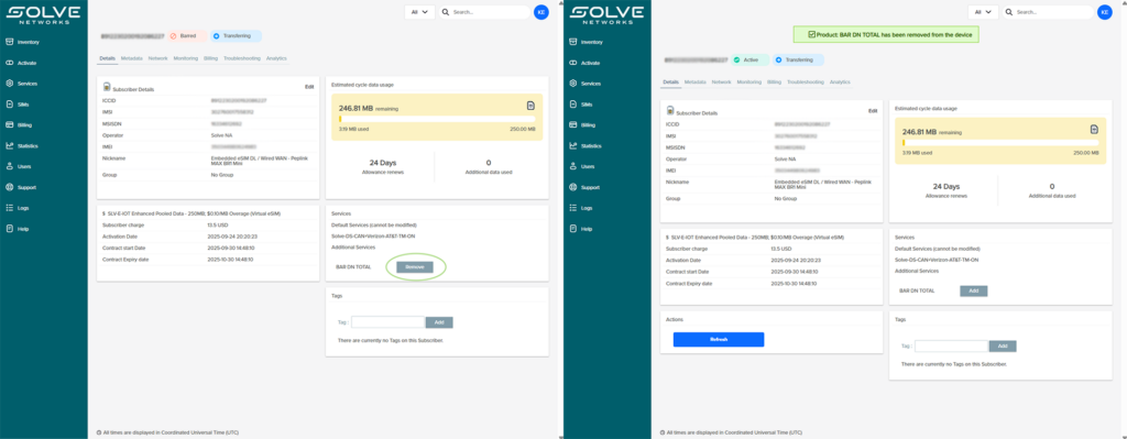 Dashboard interface from Solve Networks displaying subscriber details, SIM services, and data usage with 246.81 MB remaining. The screen shows a successful bar removal message, along with visible edit and remove bar options.